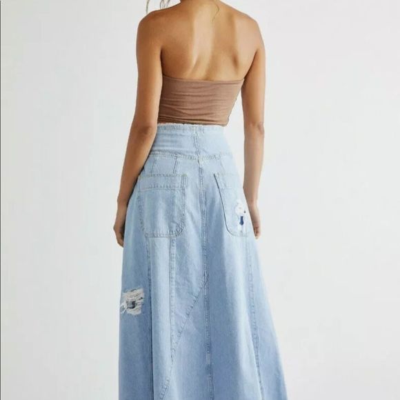 Free People riptide Denim Maxi Midi Skirt Plaid Patched Destroyed Distre… - Picture 2 of 6